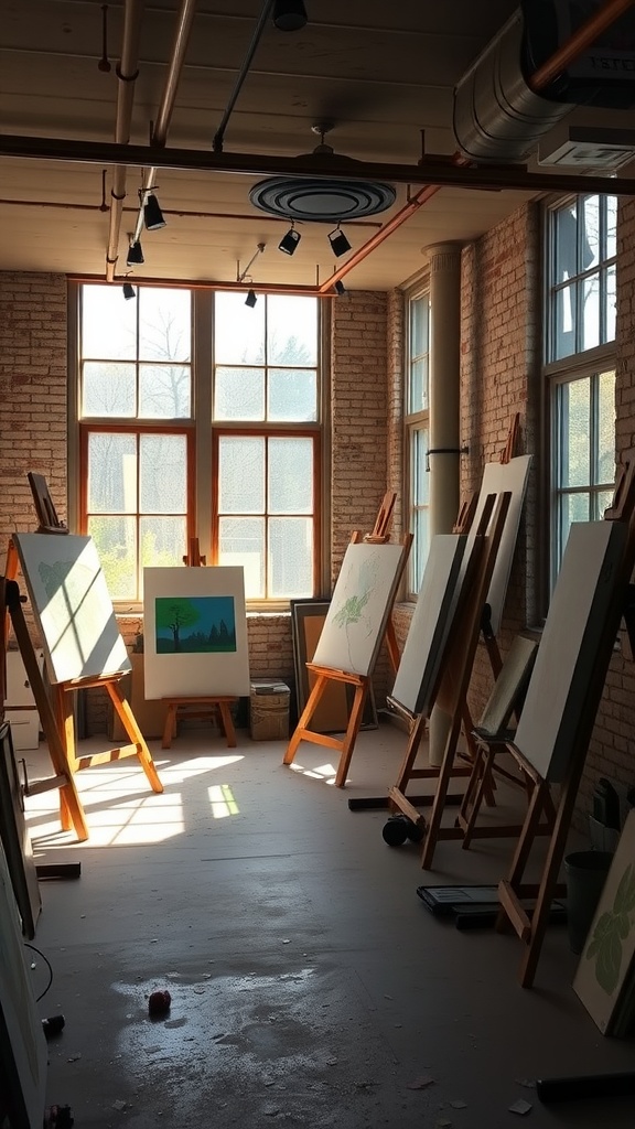 Art studio featuring easels and large windows for natural light