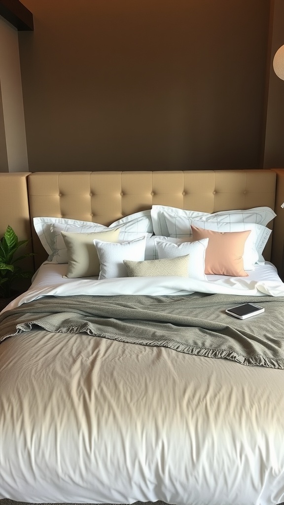 A beautifully made bed featuring a beige headboard, various decorative pillows in soft colors, and a casual throw blanket.
