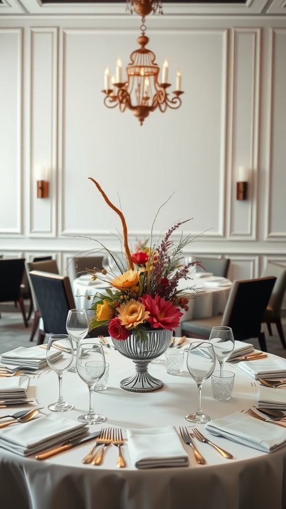 A dining table set with a floral centerpiece, elegant glassware, and polished cutlery.