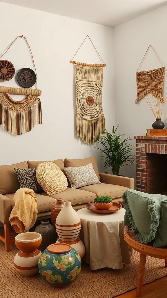 A cozy modern boho living room featuring artisan-crafted decor, including macramé wall hangings and colorful pottery.