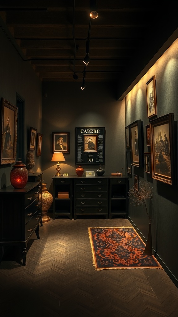 A cozy artistic gallery with framed portraits, dark walls, and decorative elements in a walkout basement.