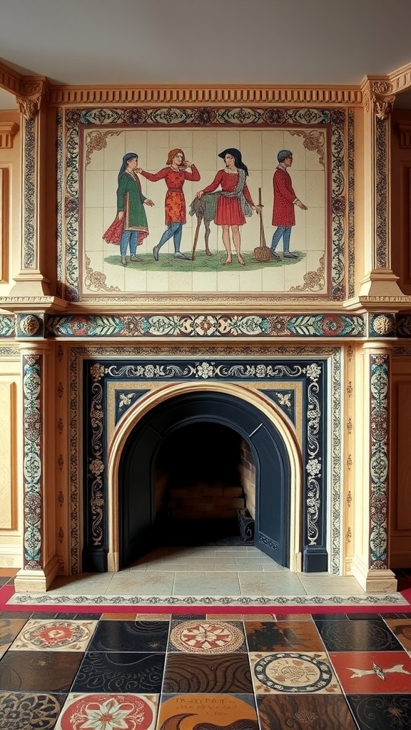 A beautifully tiled fireplace with artistic designs featuring people in historical attire.