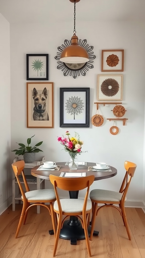 A small dining room with artistic wall decor featuring framed art and a decorative shelf, set for a meal.