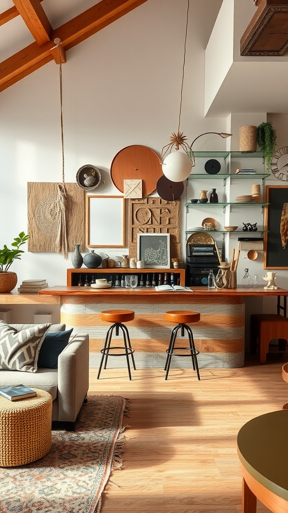 A living room featuring an arts and crafts bar area with wooden elements, unique decor, and cozy seating.