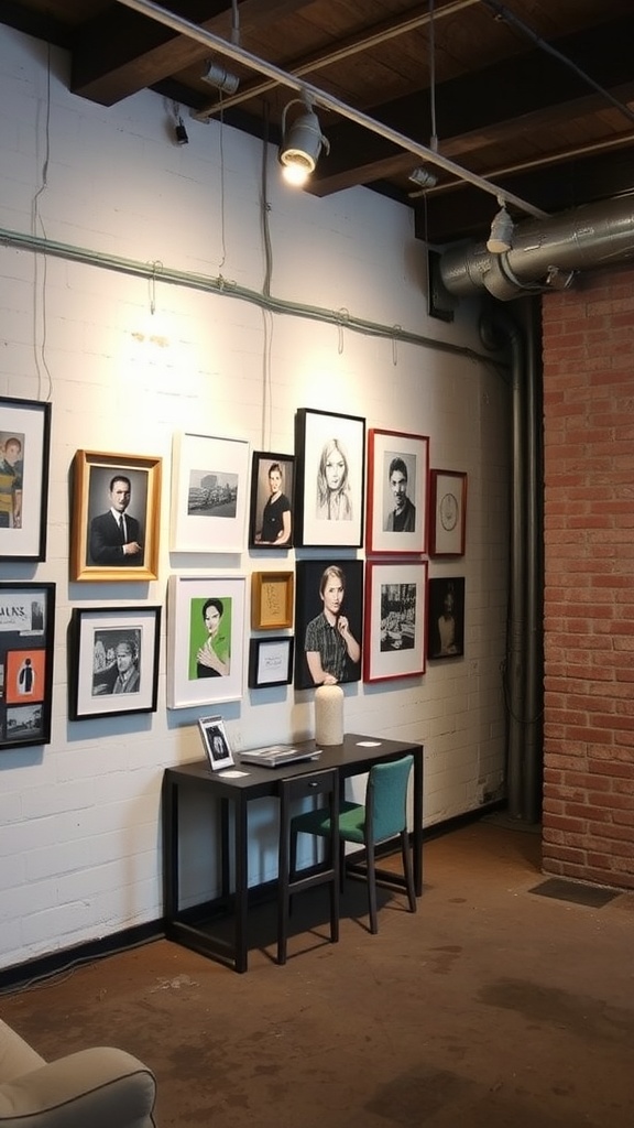 An industrial basement featuring a wall of framed artwork, with a small table and chairs in front.