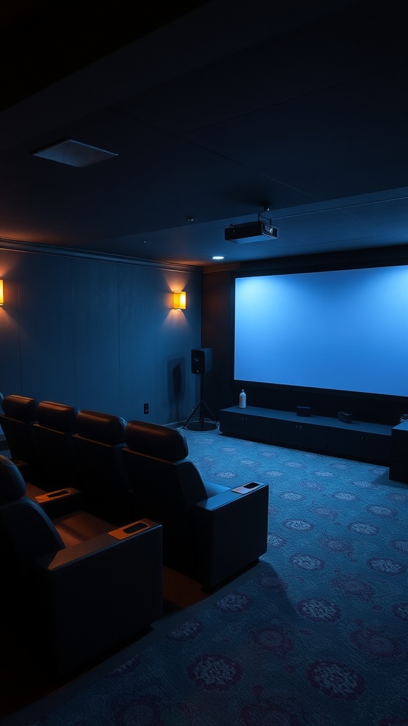 A cozy basement home theater with reclining chairs, a projection screen, and warm lighting.