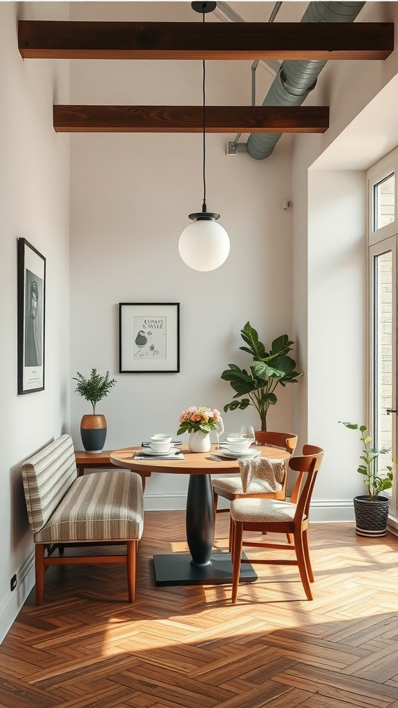 A small dining room featuring a round table, wooden flooring, and a cozy bench.