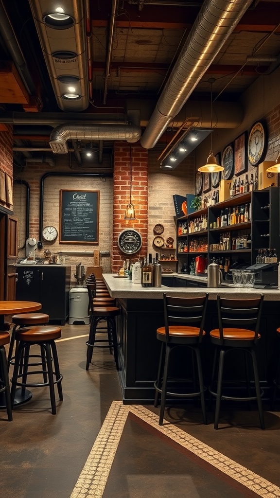 Rustic bar area with wooden stools, exposed brick walls, and shelves filled with bottles.