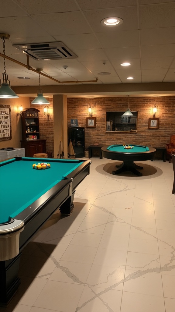 A stylish basement featuring two billiards tables and cozy lighting.