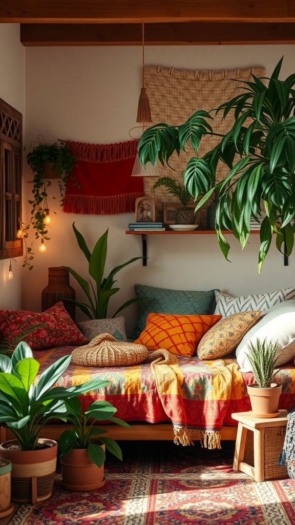 A cozy Bohemian-style bedroom with colorful pillows, plants, and warm lighting.