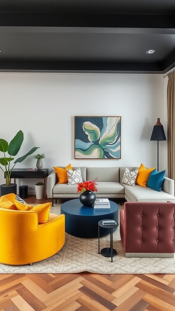 A modern boho living room featuring bold accent furniture including orange and yellow chairs, a round coffee table, and a burgundy pouf.