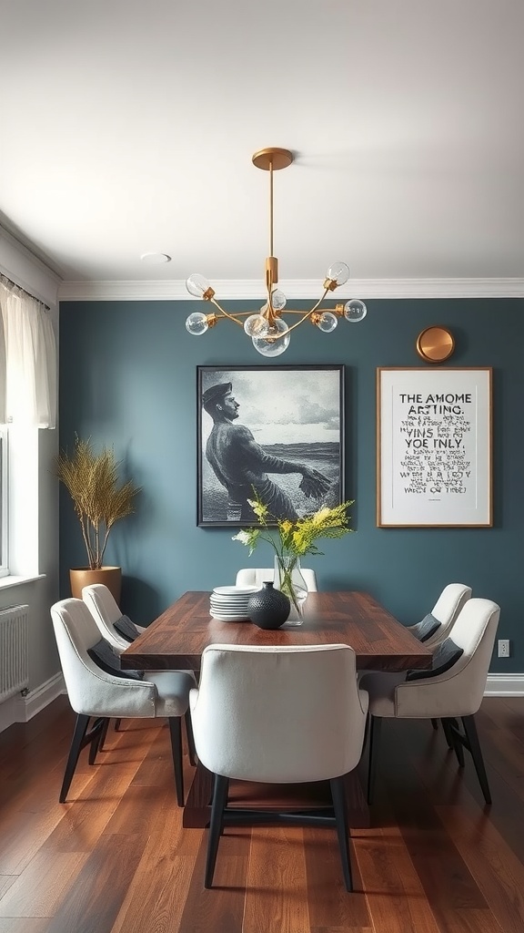 Modern dining room featuring a bold blue-green accent wall, a wooden dining table, and stylish chairs.