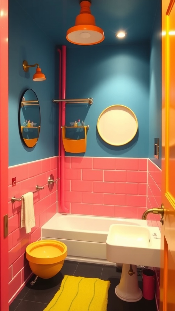 A small basement bathroom with blue walls, pink tiles, and bright orange and yellow accents.