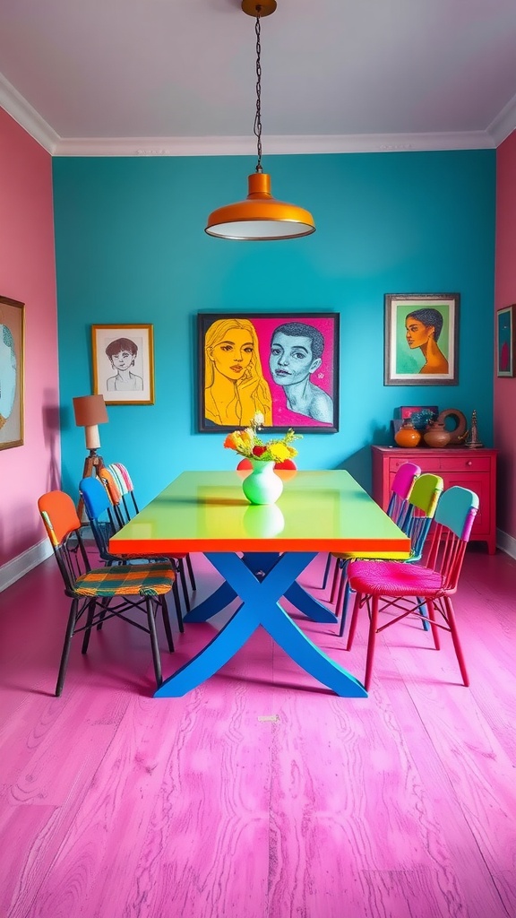 A colorful dining room featuring a bright green table with blue legs and colorful chairs against pink and blue walls.