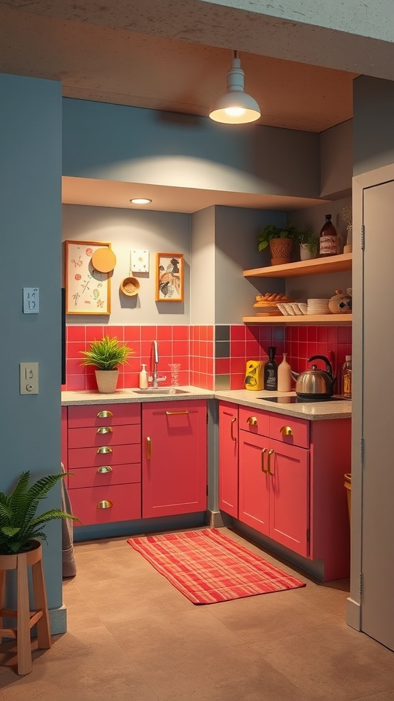 A colorful basement kitchenette featuring pink cabinets and red tiles.