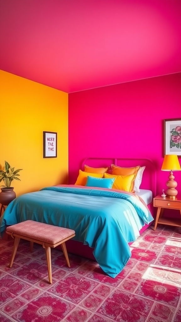 A vibrant bedroom with pink and yellow walls, blue bedding, and colorful decor.