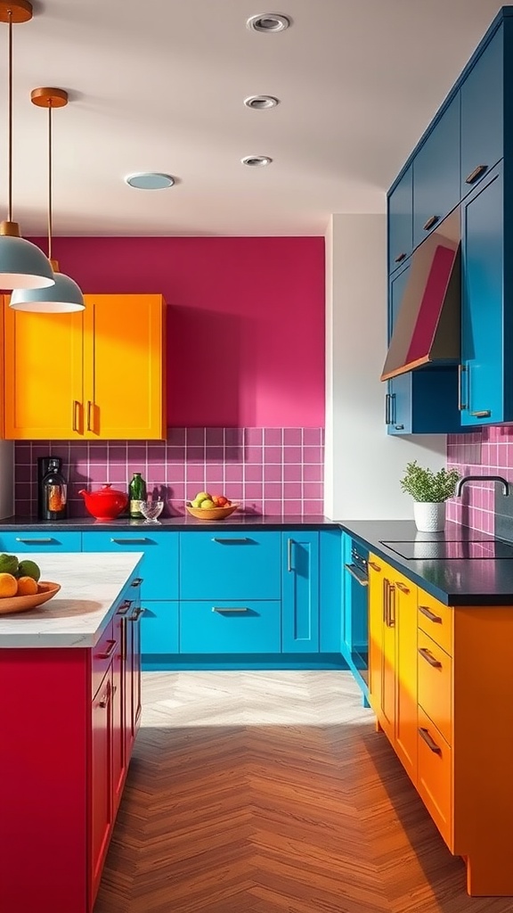 A colorful kitchen featuring blue, orange, and pink cabinets with vibrant decor.