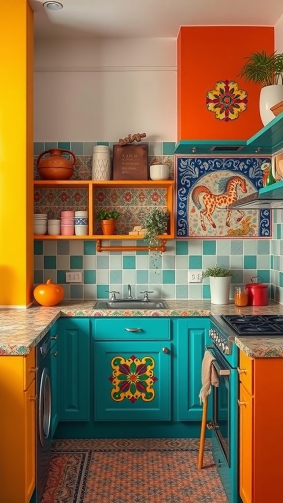 A vibrant kitchen with turquoise cabinets and orange accents, featuring decorative tiles and colorful kitchenware.