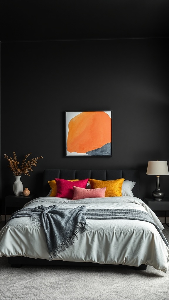 A modern bedroom featuring bold dark walls, bright accent pillows, and colorful artwork.