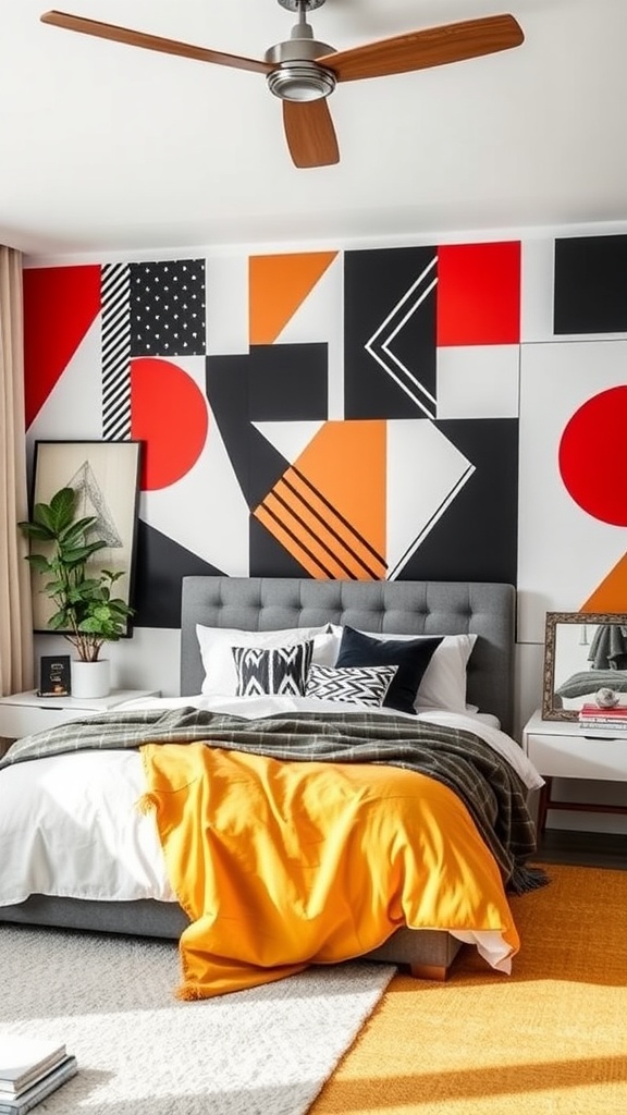 A modern bedroom with a bold geometric patterned wall featuring red, black, and orange colors, a gray bed with white linens, and a cozy orange throw blanket.