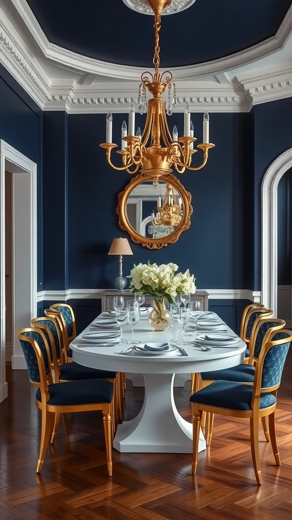 Dining room featuring bold navy blue walls, a white dining table, golden chandelier, and elegant seating.