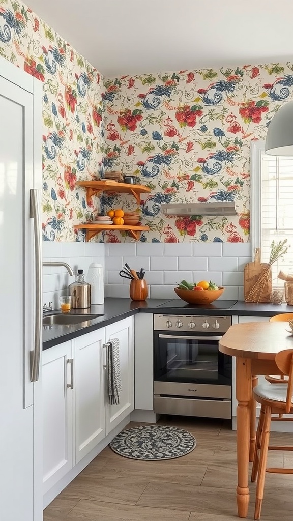 A kitchen with bold floral wallpaper and modern appliances.