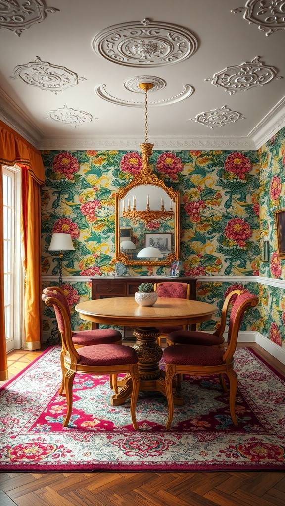 A dining room with bold floral wallpaper, wooden round table, and elegant decor.