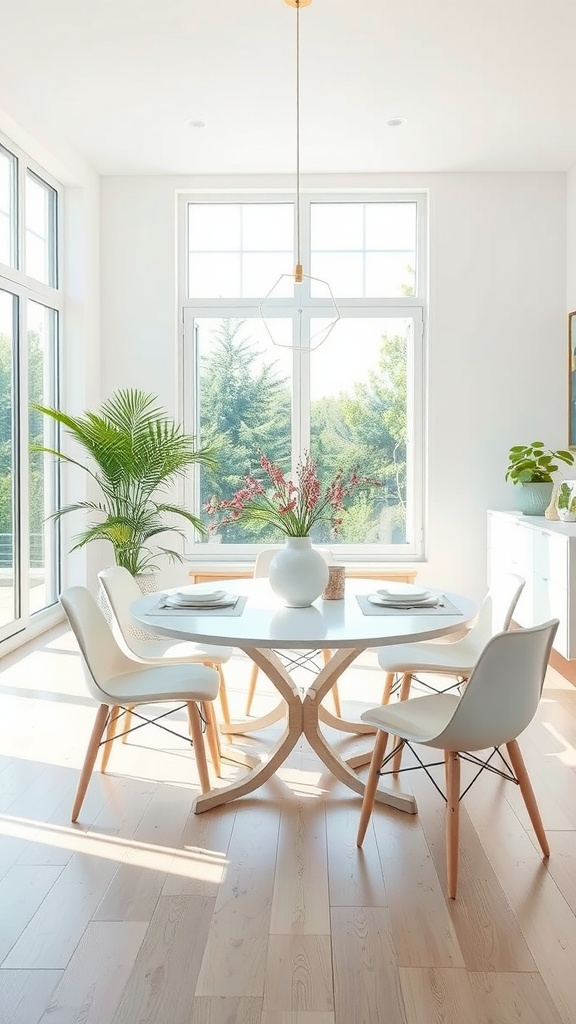 A bright dining room featuring a white round table, light chairs, and natural light from large windows.