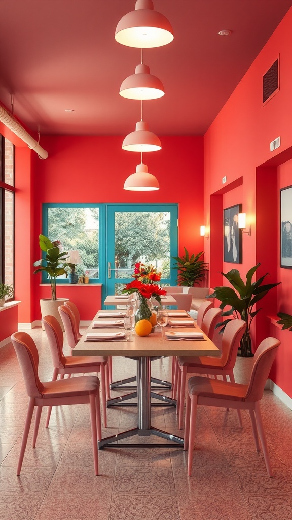 A dining room featuring bright coral walls and modern furniture, with large windows and plants.