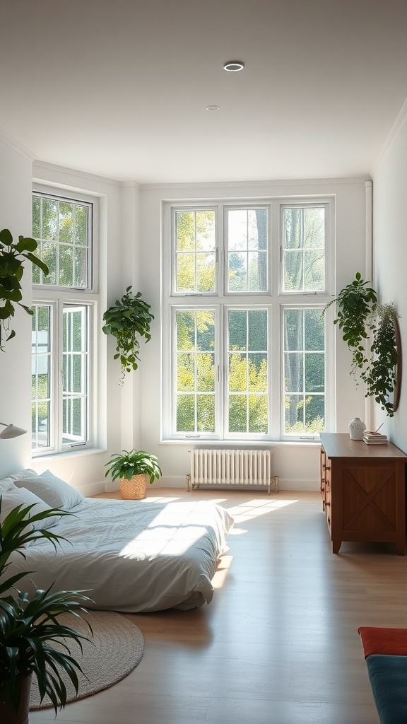A bright and airy basement bedroom with large windows, plants, and a cozy bed.