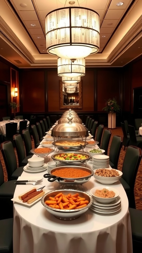 A modern buffet station set up in a formal dining room, featuring a variety of dishes under elegant lighting.