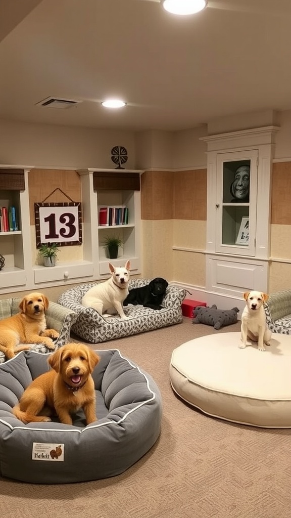 A cozy basement pet retreat with various pets lounging in comfortable beds.
