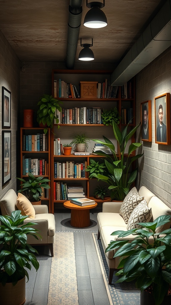 Cozy basement reading nook with two sofas, a coffee table, and shelves filled with books and plants.