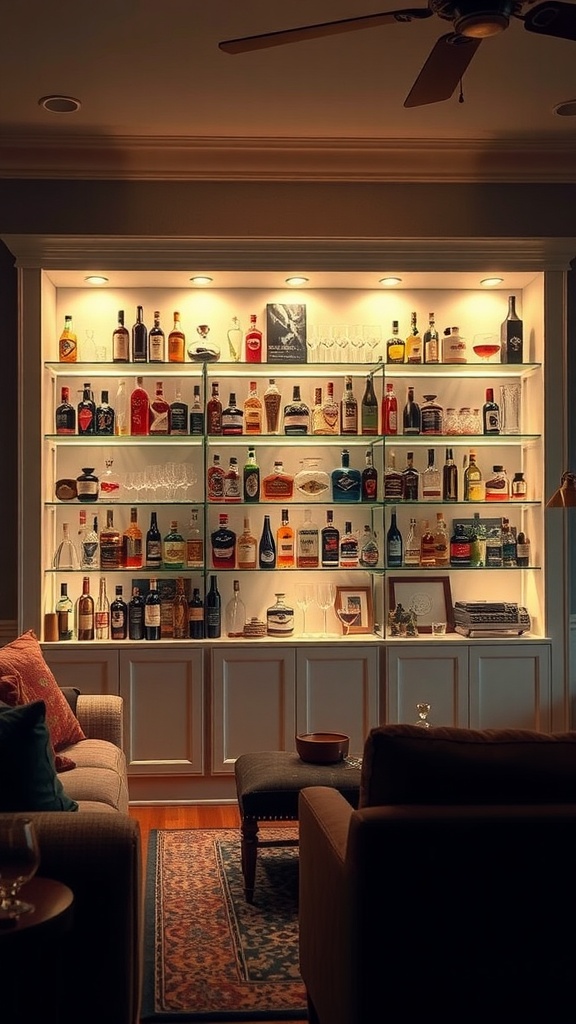 A well-lit built-in shelving unit displaying a variety of spirits and glassware in a cozy living room setting.