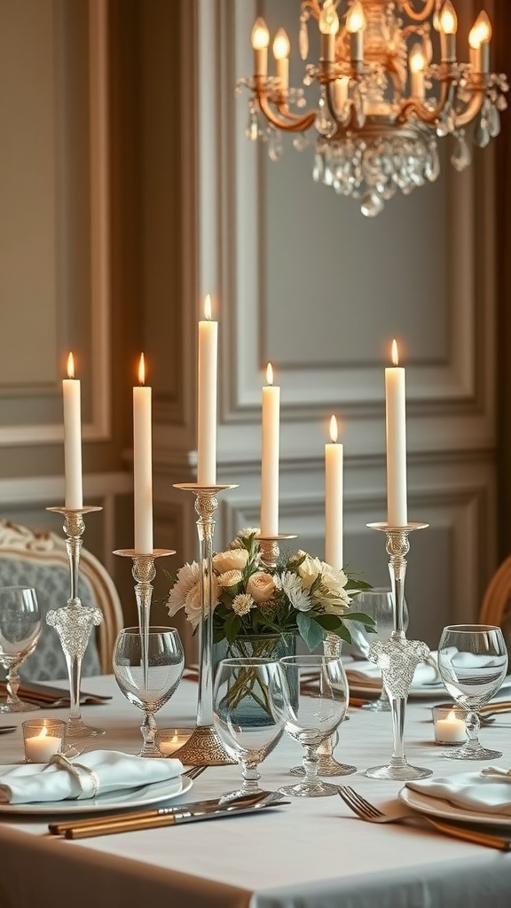 Elegant dining table centerpiece with tall candles and glass accents