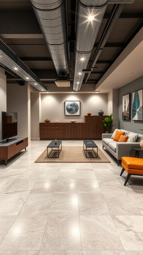 Stylish basement with ceramic and porcelain tile flooring, modern furniture, and decorative elements.