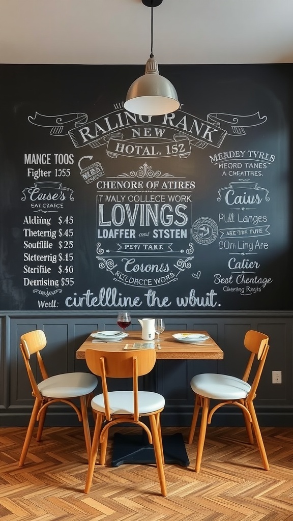A dining room featuring a chalkboard wall filled with creative typography, a wooden table, and simple chairs.