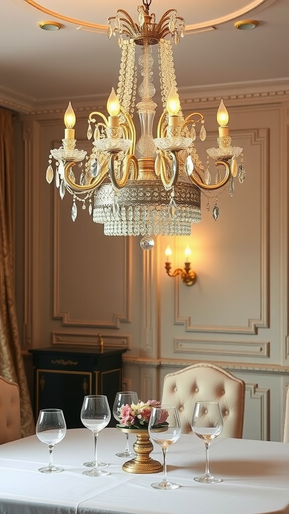 A luxurious chandelier with gold accents and crystal details illuminating a formal dining table with elegant glassware and floral arrangement.