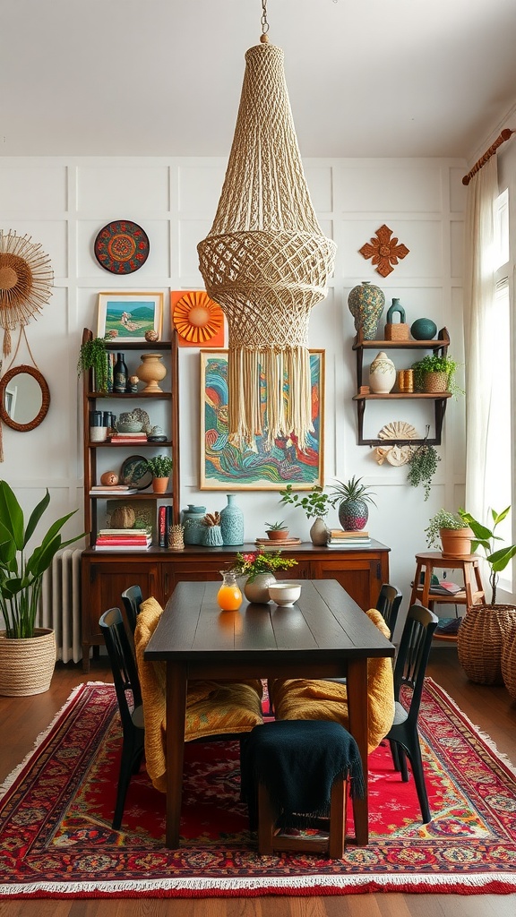 A dining room featuring a large macramé chandelier above a wooden table, surrounded by colorful decor and plants.