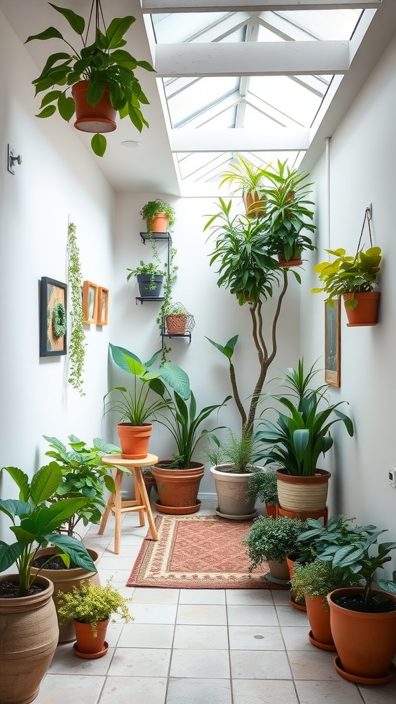 Indoor garden space in a walkout basement with various plants and a skylight