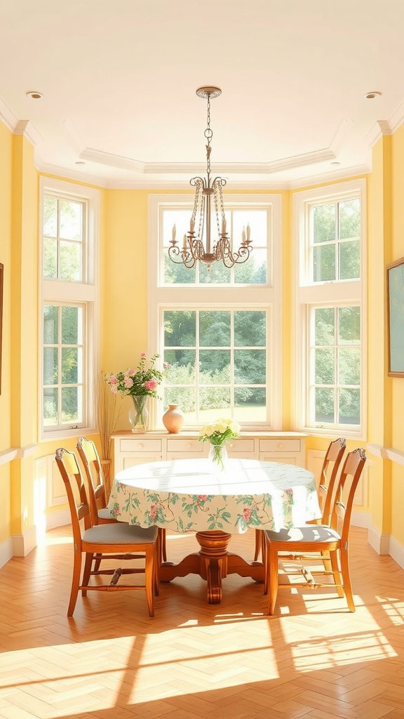A sunny dining room with pastel yellow walls, wooden furniture, and large windows letting in natural light.