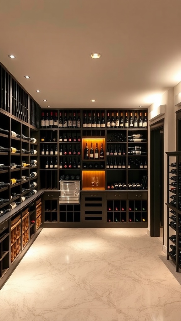 A stylish basement wine cellar with neatly organized shelves and warm lighting.