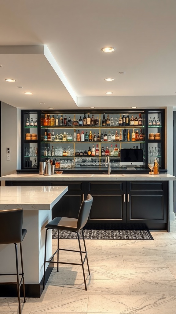 A modern basement bar area featuring stylish cabinets, a variety of drinks, and comfortable seating.