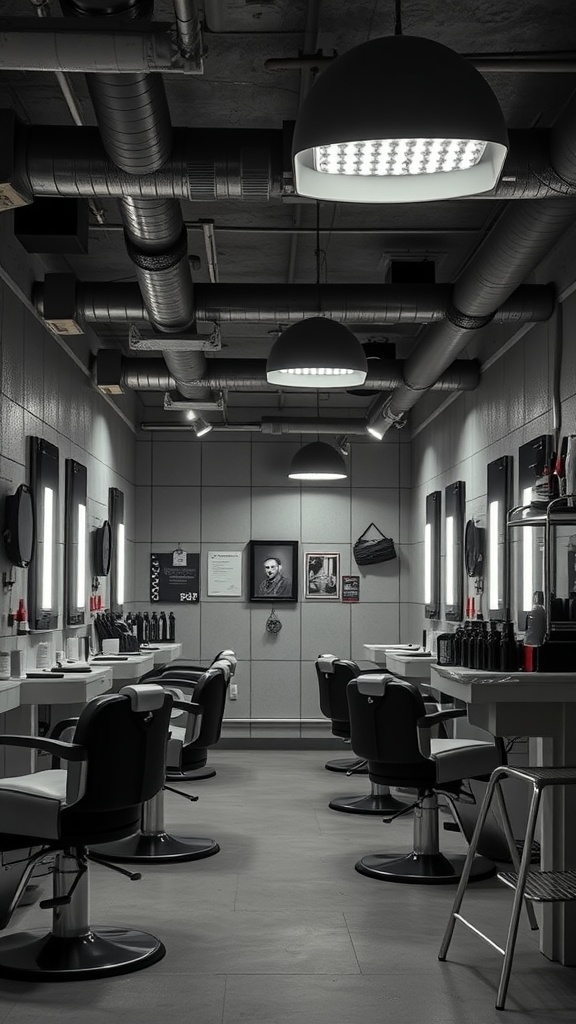 Interior of a chic barbershop or salon showcasing modern styling chairs, lighting, and mirrors