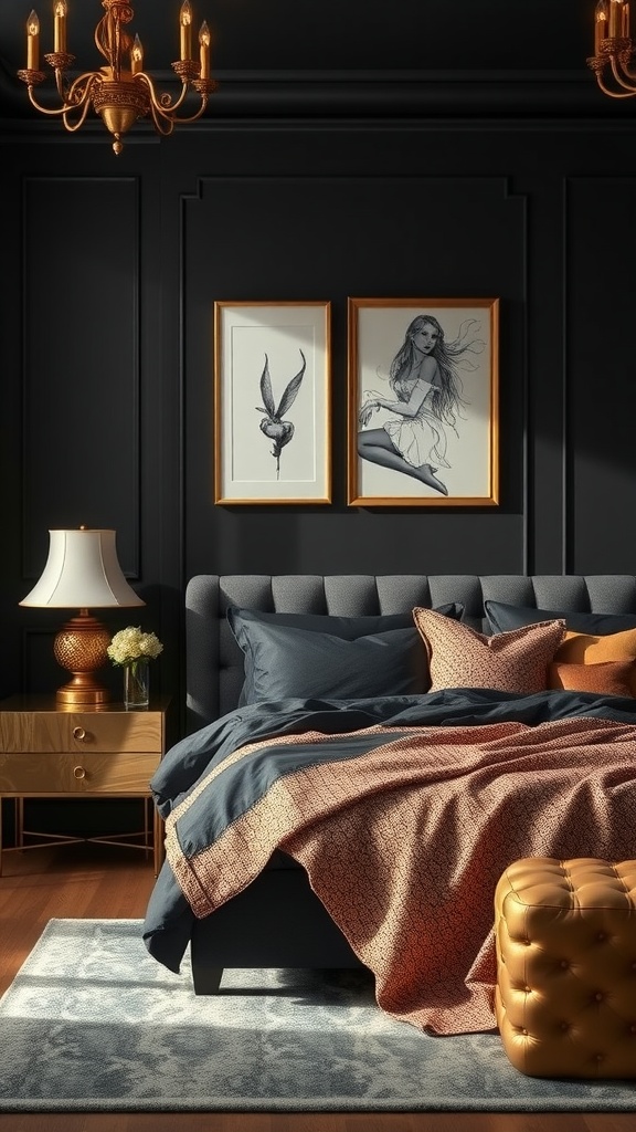 A modern bedroom featuring black walls, a gold chandelier, stylish bedding, and decorative artwork.