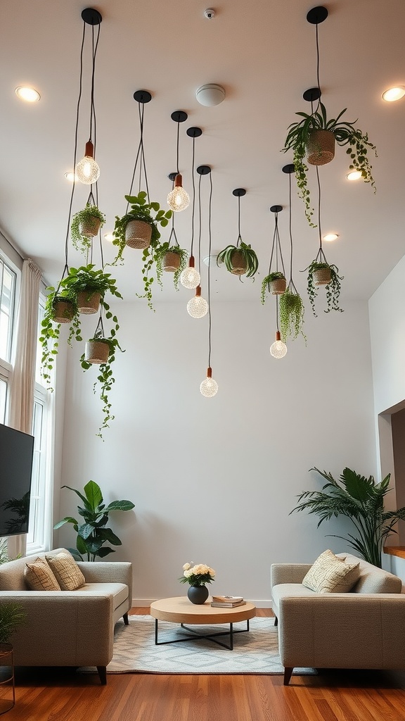 A modern boho living room featuring hanging plants and unique light fixtures on the ceiling.