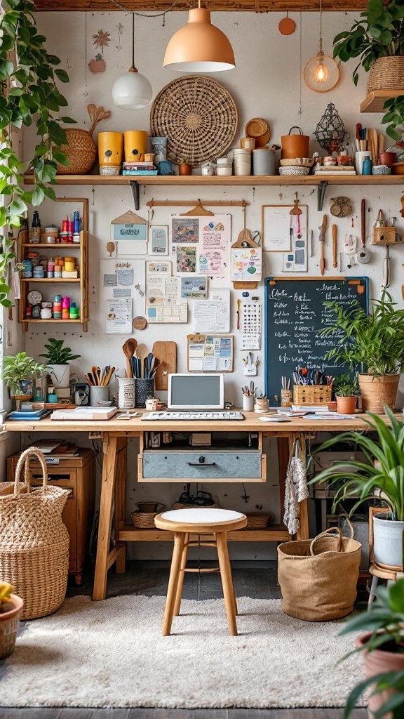 A cozy craft and hobby studio with shelves of colorful supplies, a wooden desk, plants, and a chalkboard.