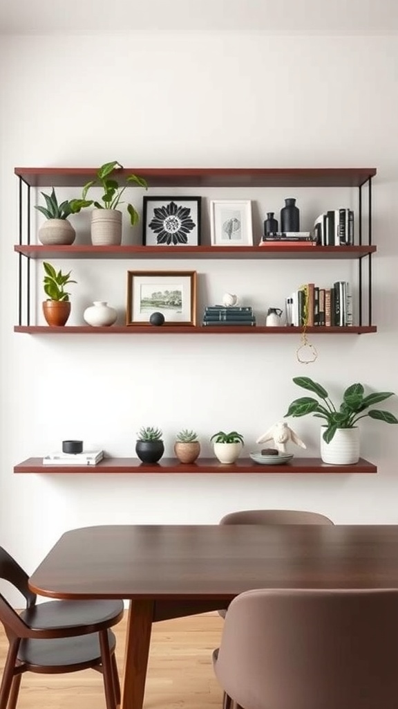 Chic floating shelves with plants, books, and decorative objects in a modern dining room setting.