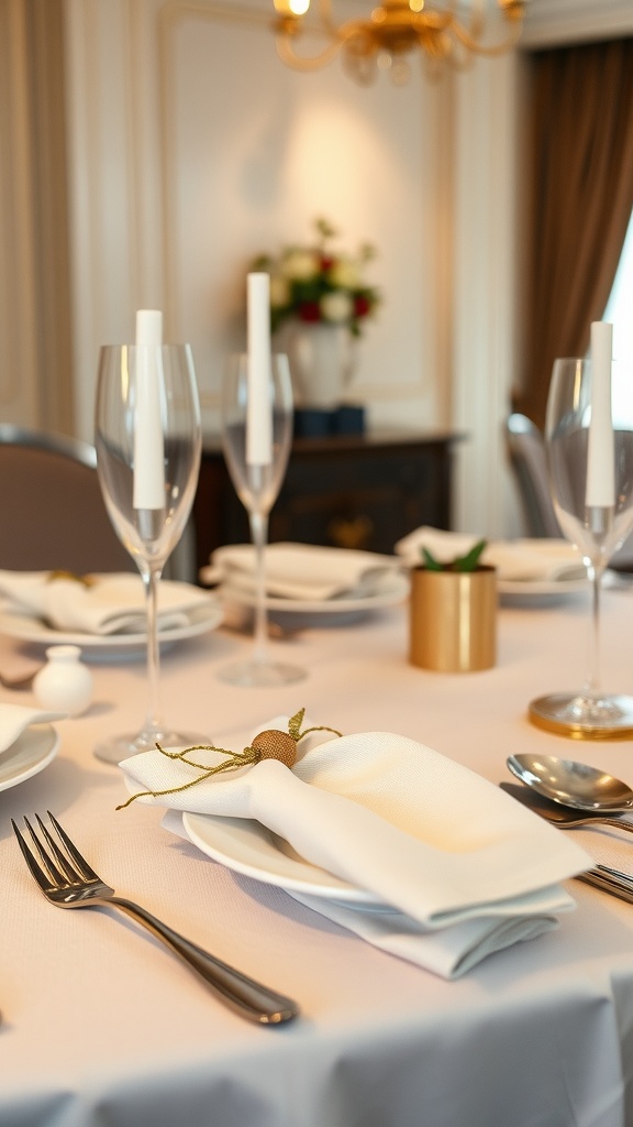 A beautifully set dining table showcasing chic linen napkins and holders.