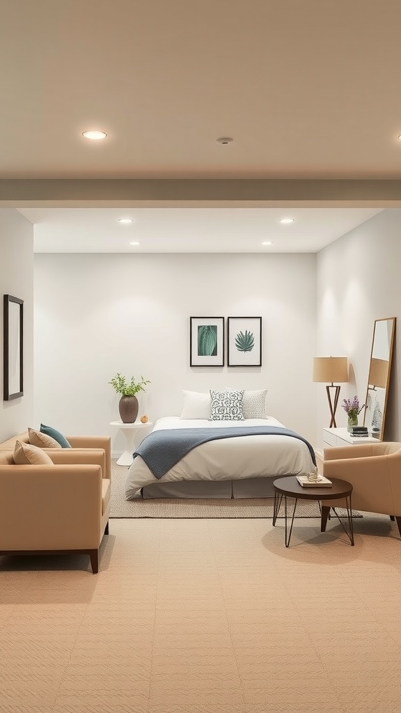 A chic minimalist basement bedroom featuring a bed with a blue throw, two beige chairs, and simple decor.